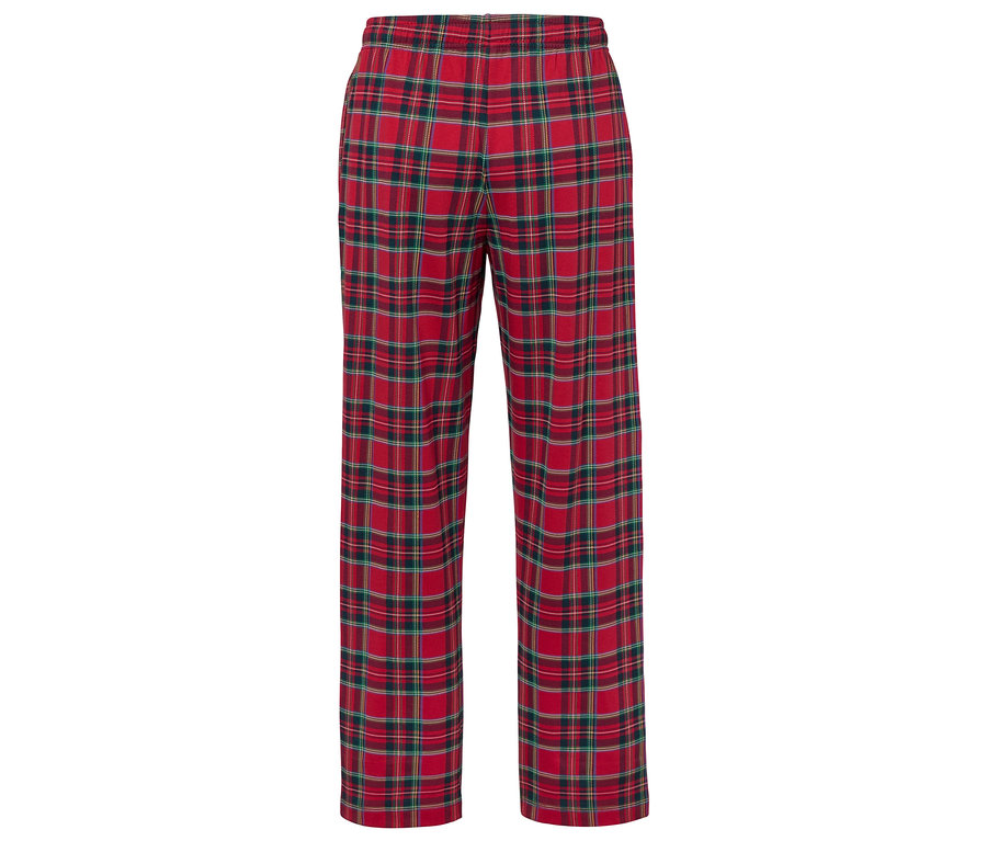 Un pantalon de pyjama à carreaux rouge.