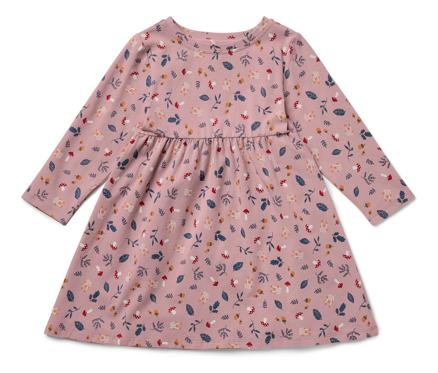 Robe rose à manches longues pour enfants avec imprimé de feuilles et de champignons.
