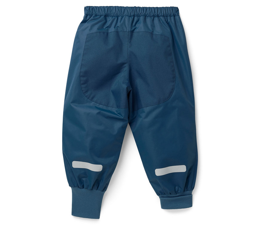 Pantalon bleu pour enfants avec taille élastique et bandes réfléchissantes sur les jambes.
