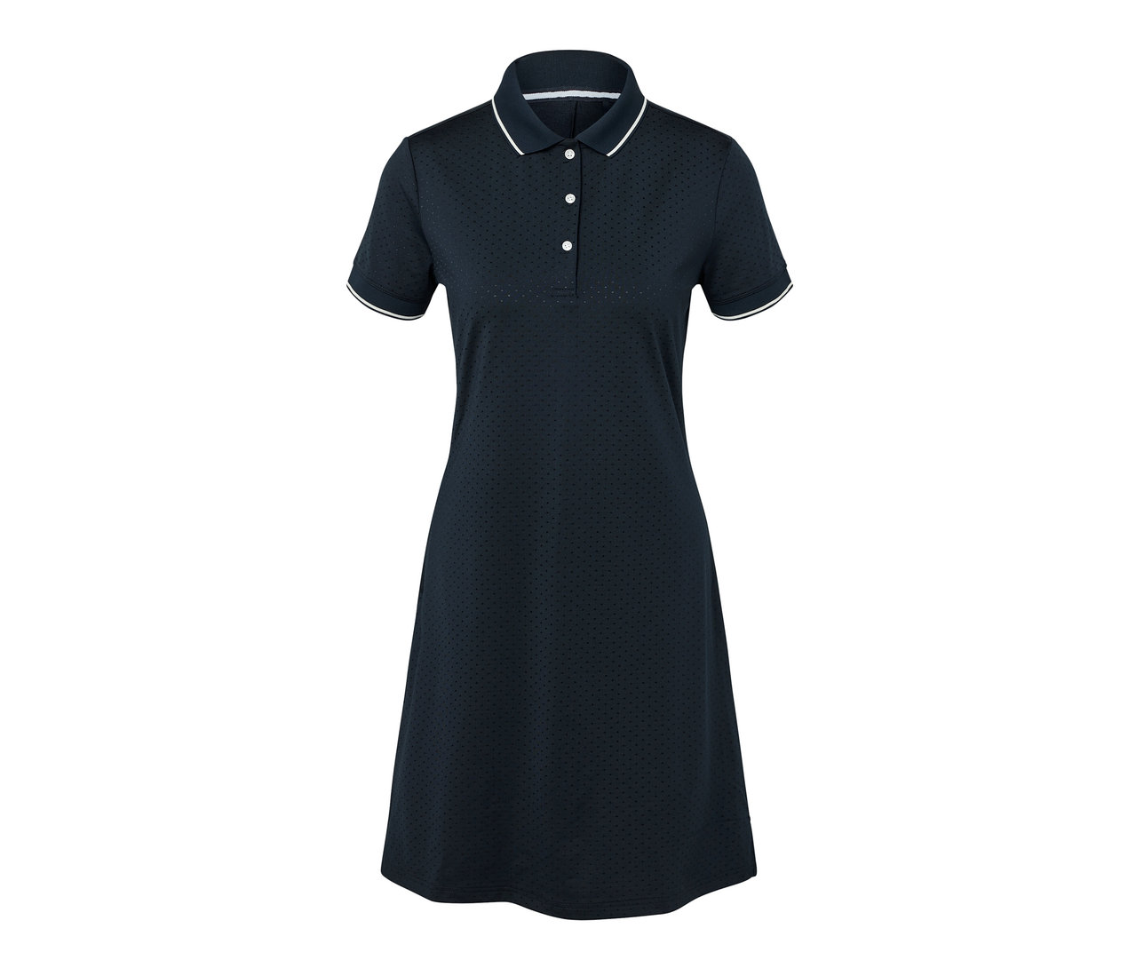 Robe de sport bleu marine avec bordure blanche.