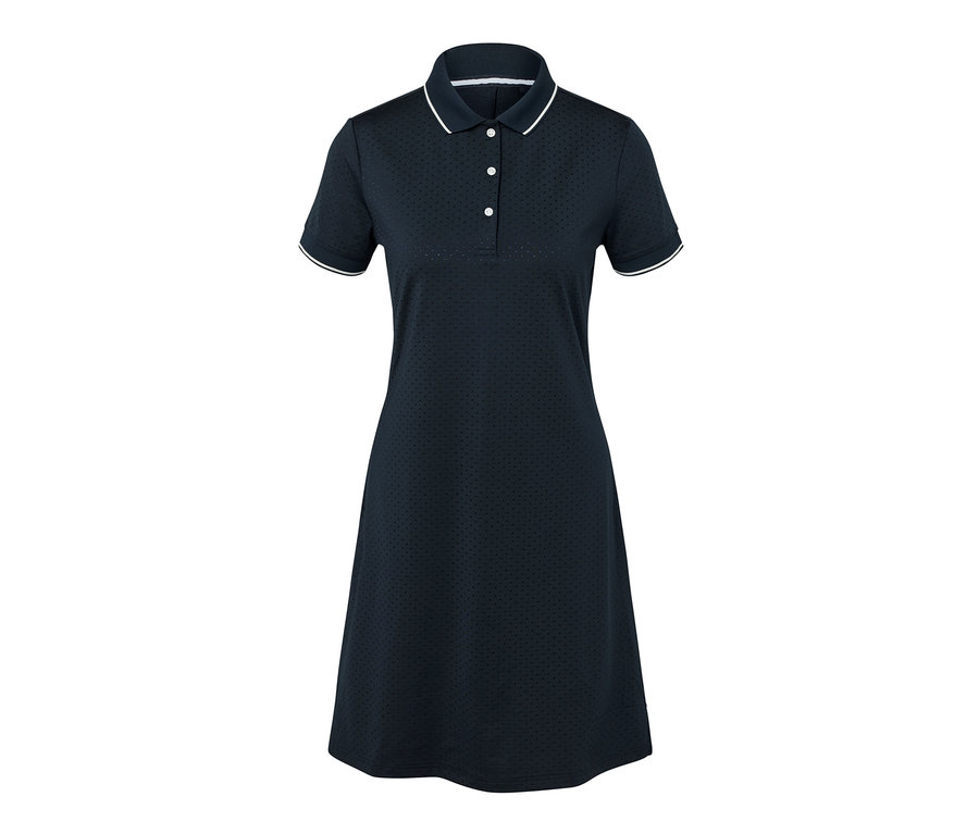 Robe de sport bleu marine avec bordure blanche.