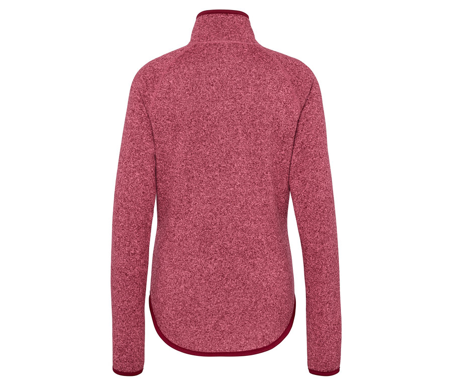 Vue arrière d'un pull en laine polaire à manches longues et fermeture éclair bordeaux pour femme.