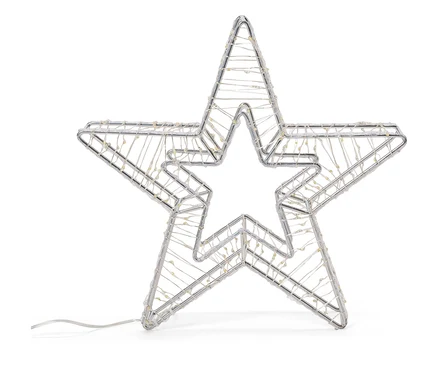 Étoile en fil de fer argenté avec lumières LED sur fond blanc.