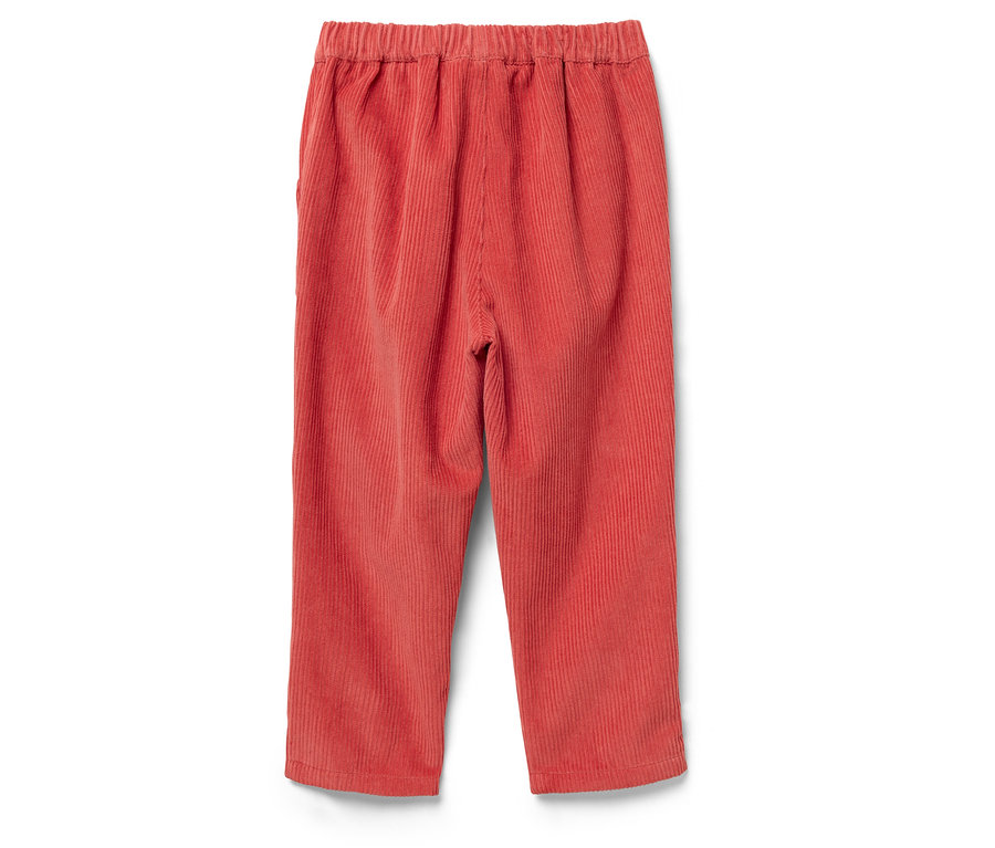 Vue détaillée de l'arrière d'un pantalon en velours côtelé corail avec une taille élastique sur un fond blanc.