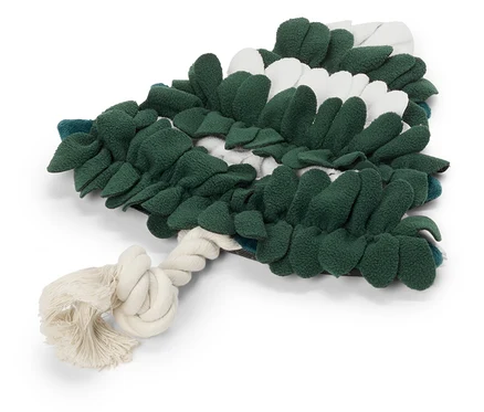 Jouet pour chien vert et blanc en forme de sapin de Noël avec un nœud de corde.