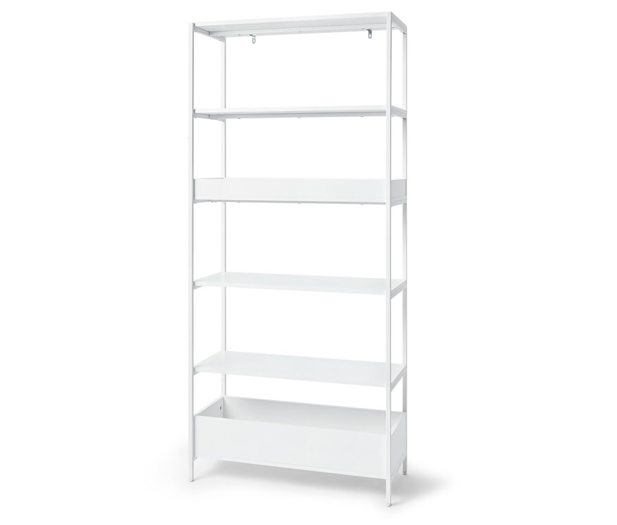 Étagère métallique blanche à cinq niveaux.