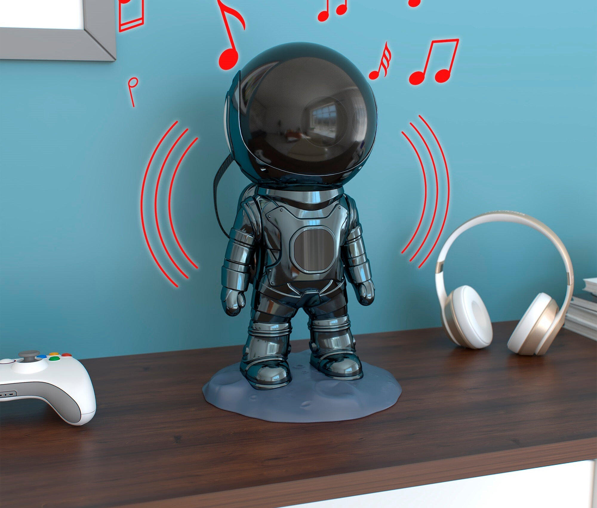 Un astronaute argenté est posé sur une table, des notes de musique et des ondes sonores l'entourent, à cÎté d'une manette blanche et d'un casque.