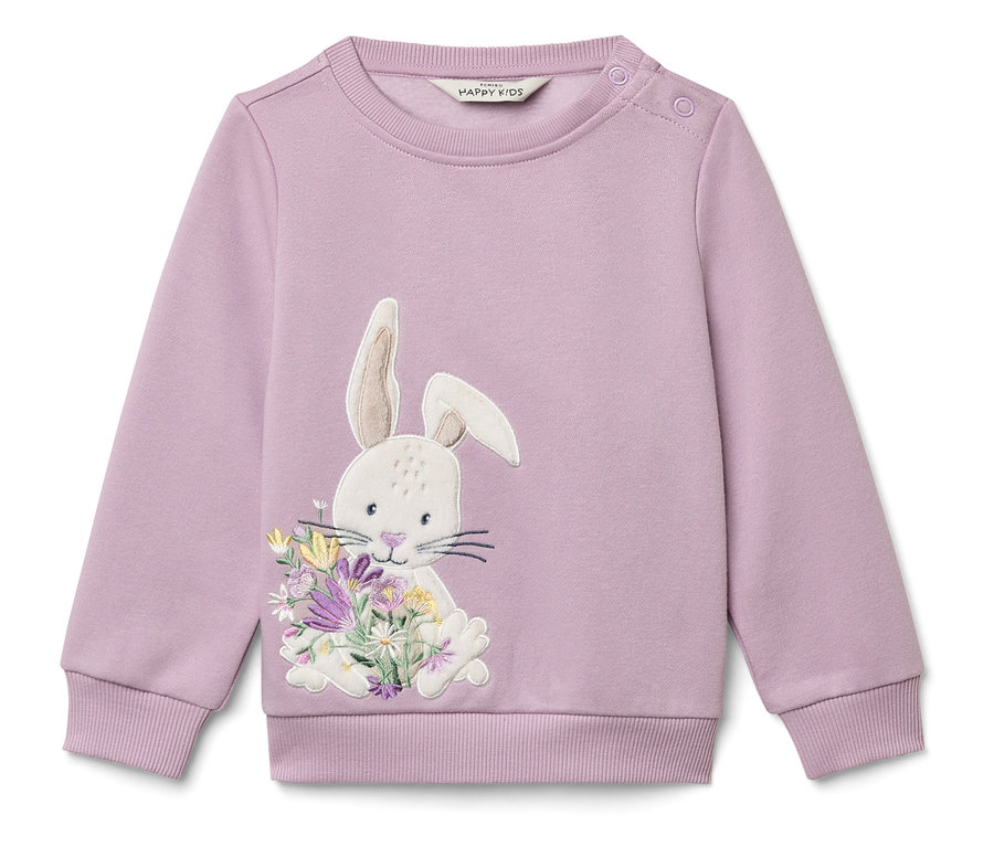 Sweat-shirt lilas avec application d'un lapin tenant un bouquet de fleurs.