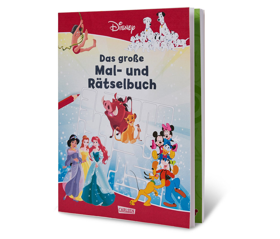 Livre de coloriage et d'énigmes avec des personnages Disney.