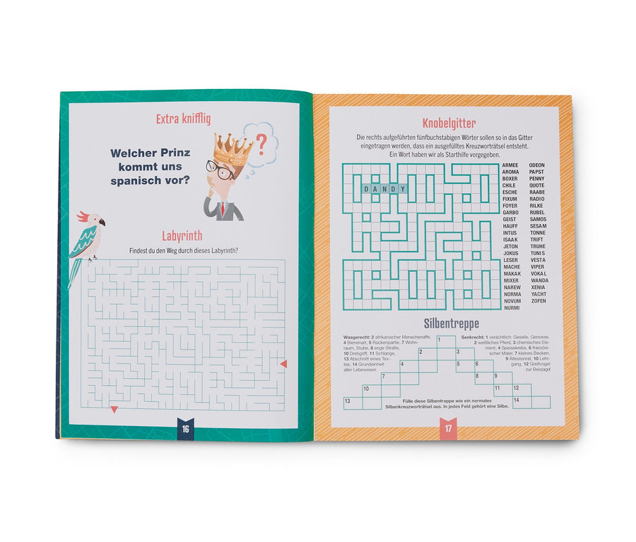 Livre ouvert avec des énigmes et un labyrinthe, Livre «
Sonnige Reise Rätsel
» (en allemand).