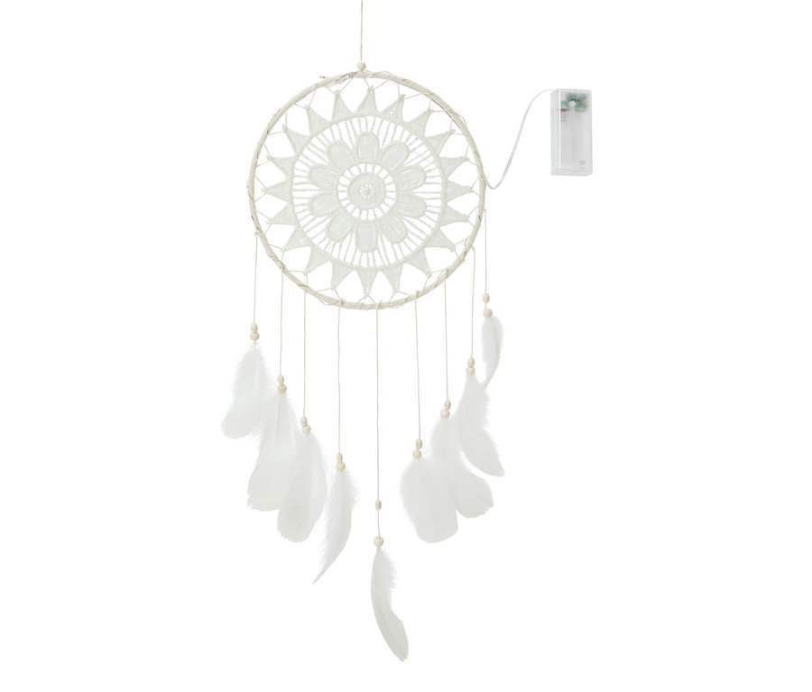 Attrape-rêves suspendu avec éclairage LED, cercle blanc et plumes.