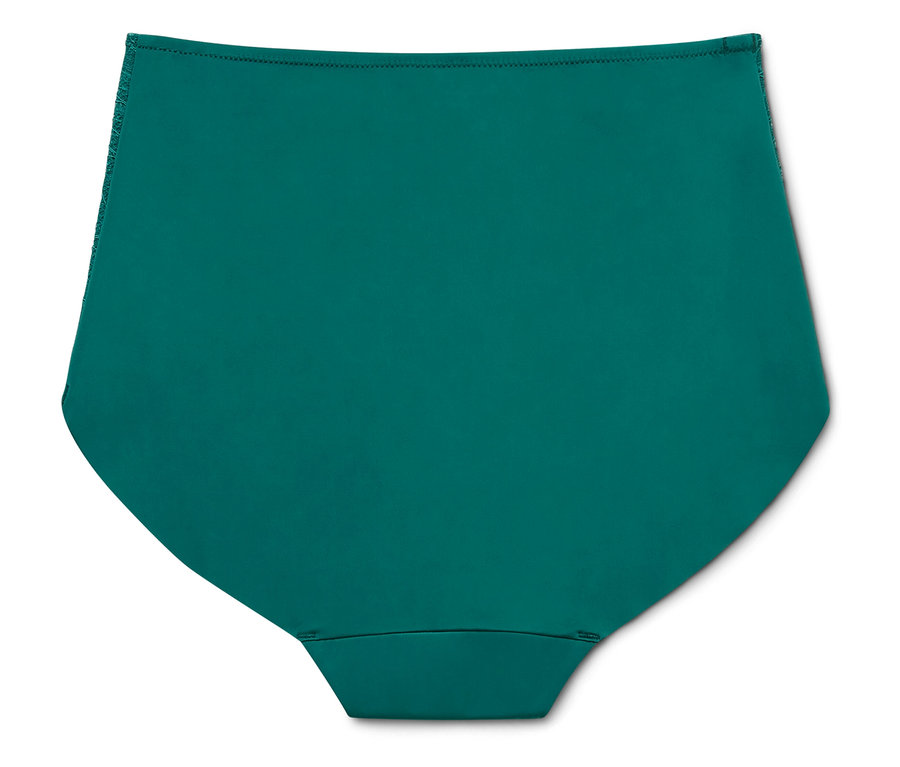 Un bas de bikini vert foncé à taille haute est posé sur un fond blanc.