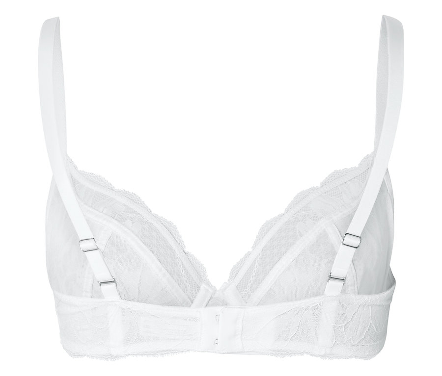 Vue arrière d'un soutien-gorge blanc avec de la dentelle et des bretelles réglables.