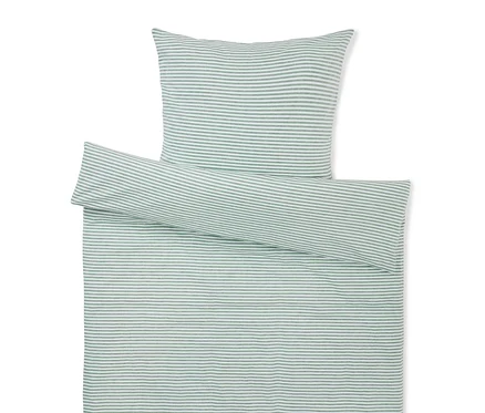 Ensemble de literie avec oreiller et couette à rayures blanches et vertes.