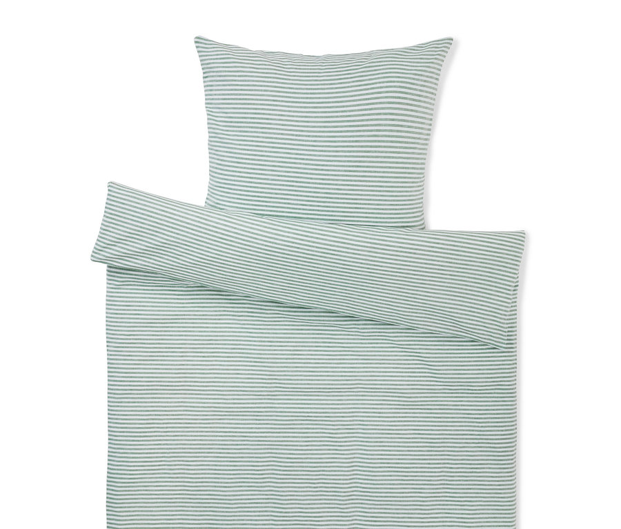 Ensemble de literie avec oreiller et couette à rayures blanches et vertes.