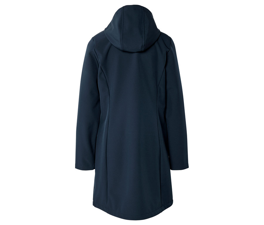 Vue arrière d'un long manteau bleu marine à capuche.
