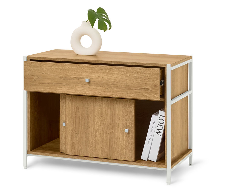 Un buffet en bois clair avec un cadre en métal blanc, un tiroir ouvert, une porte coulissante et des livres.