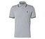 Polo gris avec des rayures bleu marine sur le col et les manches.