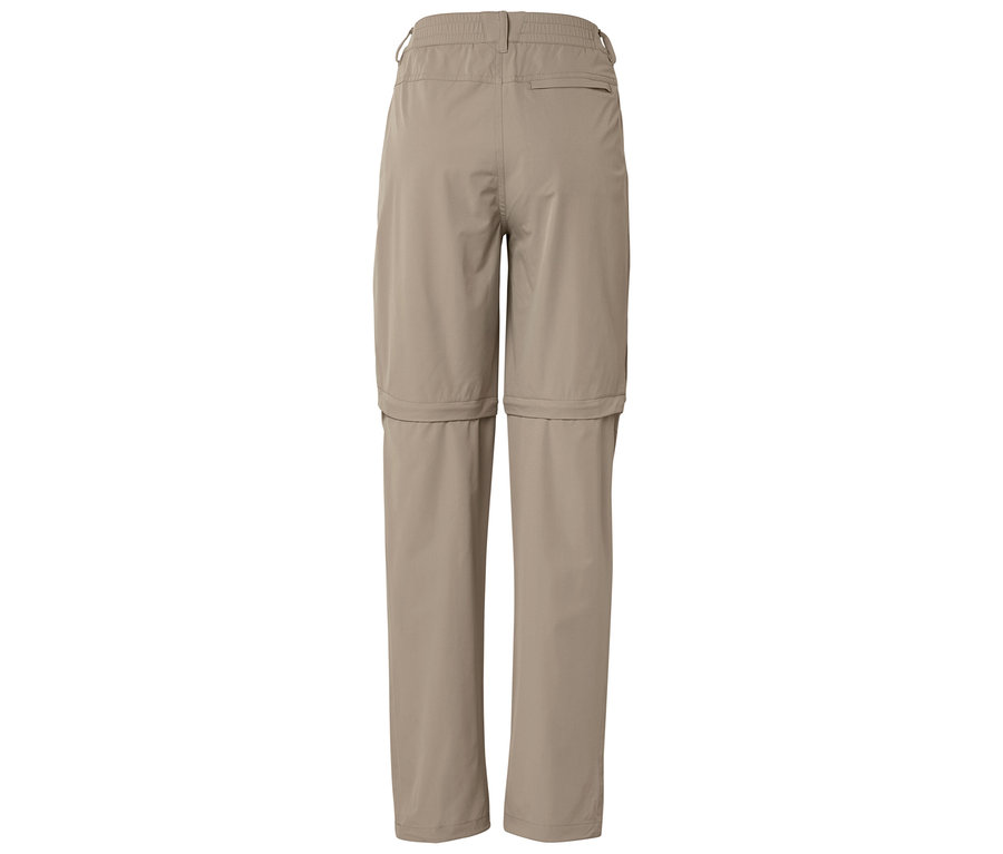 Pantalon de randonnée beige avec jambes amovibles, photographié de dos.