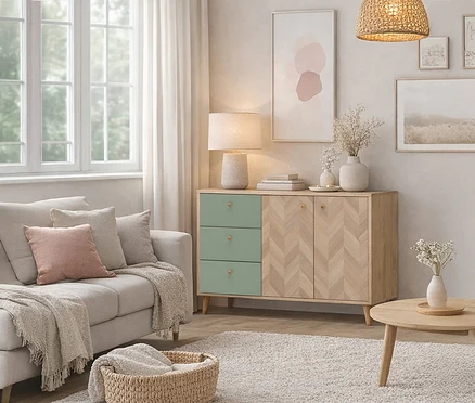 Salon avec canapé, commode à tiroirs et décorations, tapis et panier.