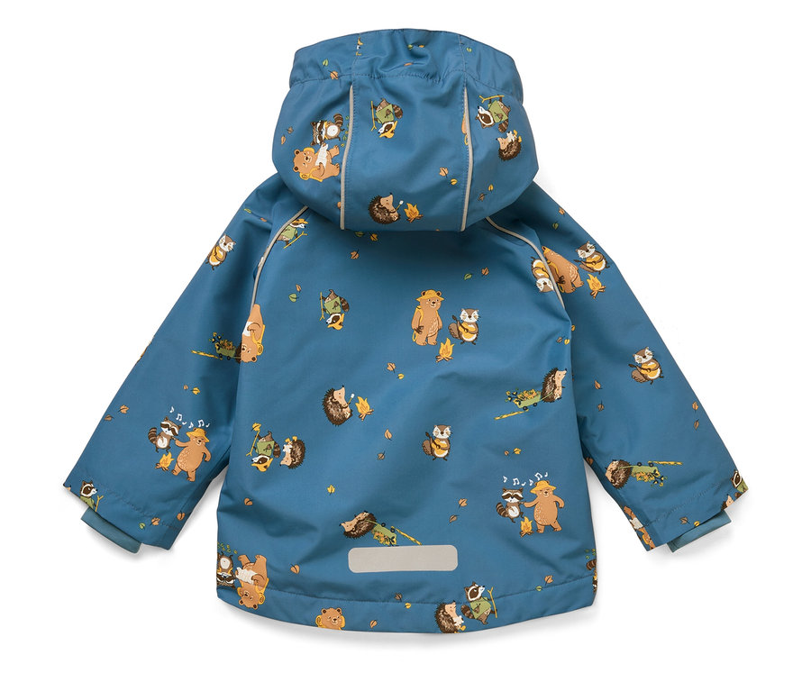 Vue arrière d'une veste bleue à capuche pour enfant, imprimée avec des ours, des hérissons et des ratons laveurs jouant d'instruments de musique.