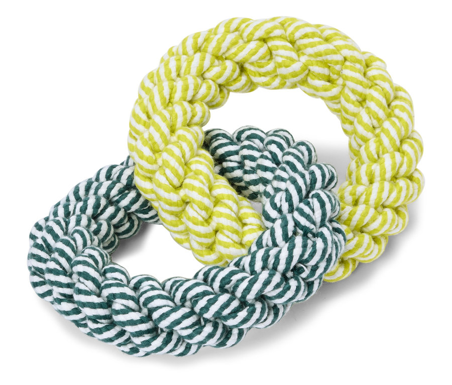 Deux jouets pour chien en forme d'anneau entrelacés, en corde tressée vert et blanc et jaune et blanc.