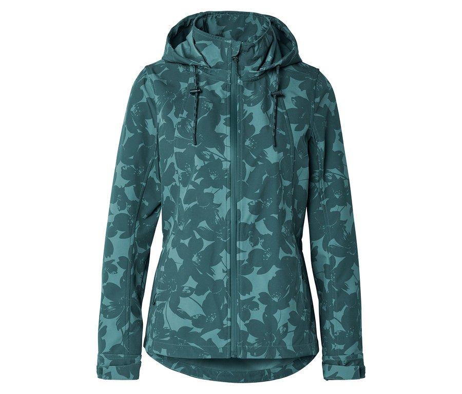 Veste en softshell vert foncé à motif floral et capuche.