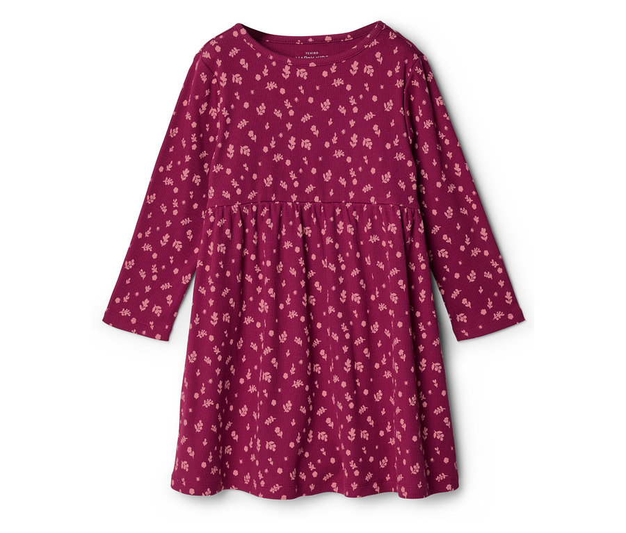 Robe bordeaux à manches longues pour enfant, avec motif floral rose clair, évasée à partir de la taille, posée à plat.
