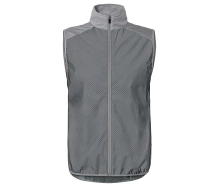 Veste grise sans manches avec fermeture éclair et col montant, tissu perforé dans la partie inférieure et tissu lisse dans la partie supérieure.