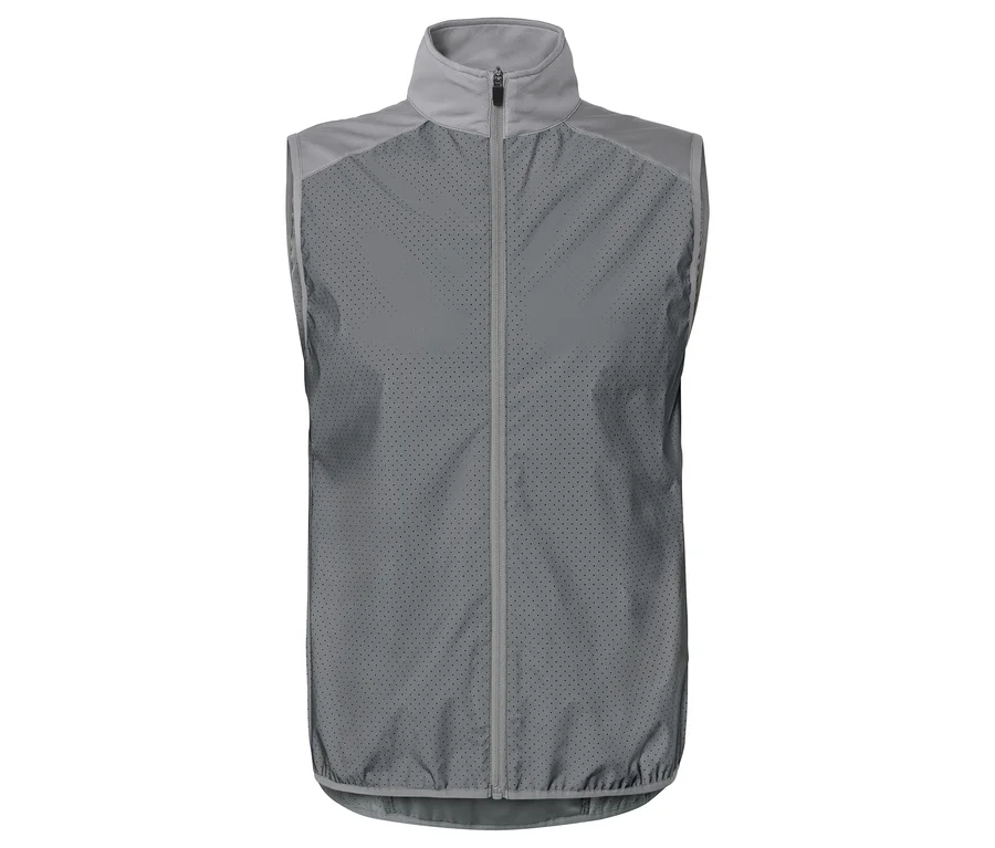 Veste grise sans manches avec fermeture éclair et col montant, tissu perforé dans la partie inférieure et tissu lisse dans la partie supérieure.