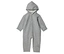 Combinaison grise à capuche pour bébé avec boutons sur fond blanc.