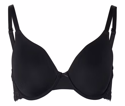 Soutien-gorge noir avec bretelles réglables et bordure en dentelle au bas des bonnets.
