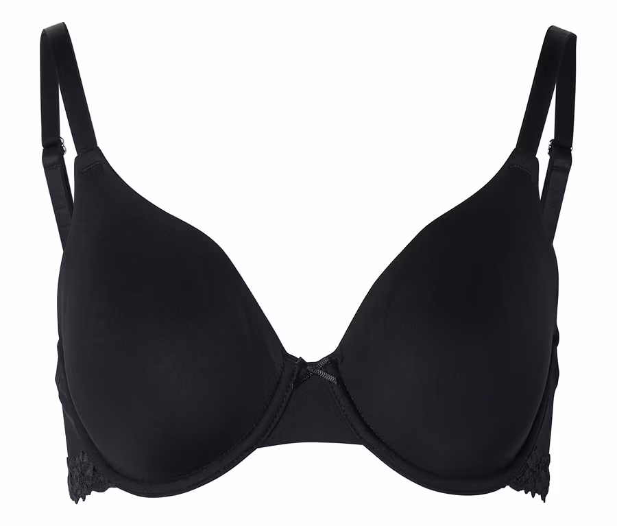 Soutien-gorge noir avec bretelles réglables et bordure en dentelle au bas des bonnets.