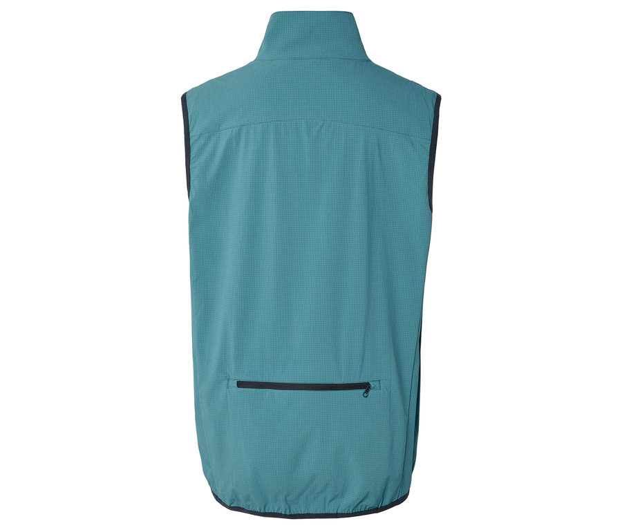 Vue arrière d'un gilet turquoise sans manches avec une poche zippée.