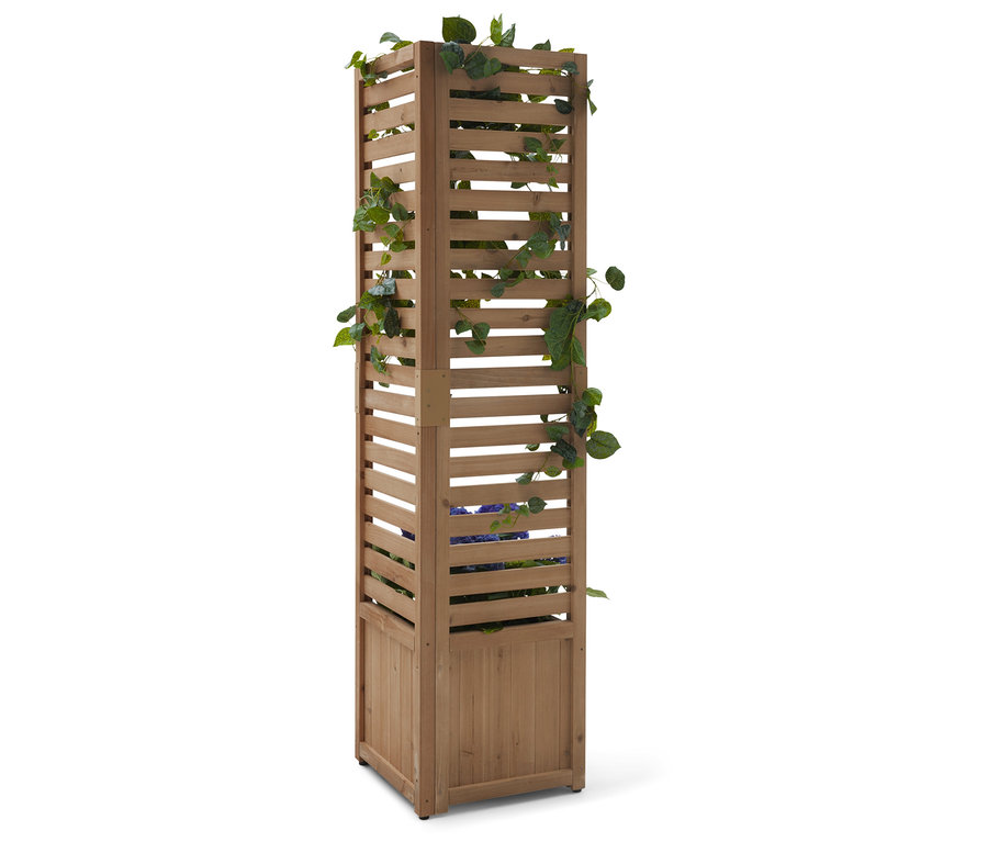 Colonne en bois avec fentes horizontales et plantes.