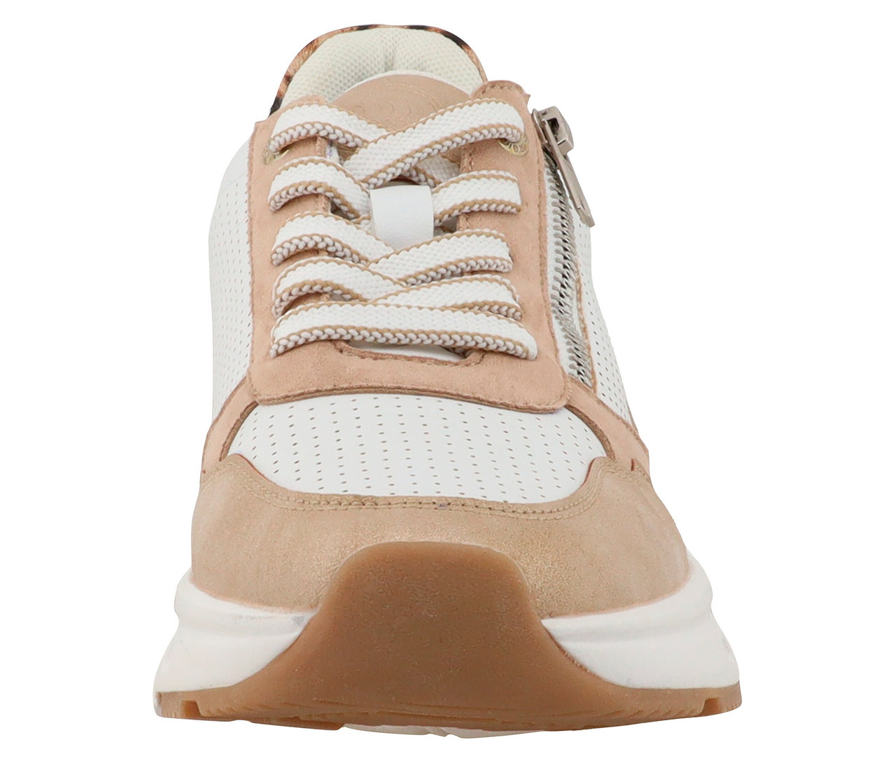 Gros plan d'une seule basket blanche et beige avec des lacets et une fermeture éclair.