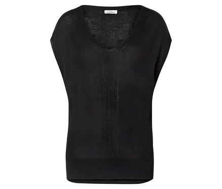 T-shirt léger en maille noir avec col en V, manches courtes et ourlet côtelé.