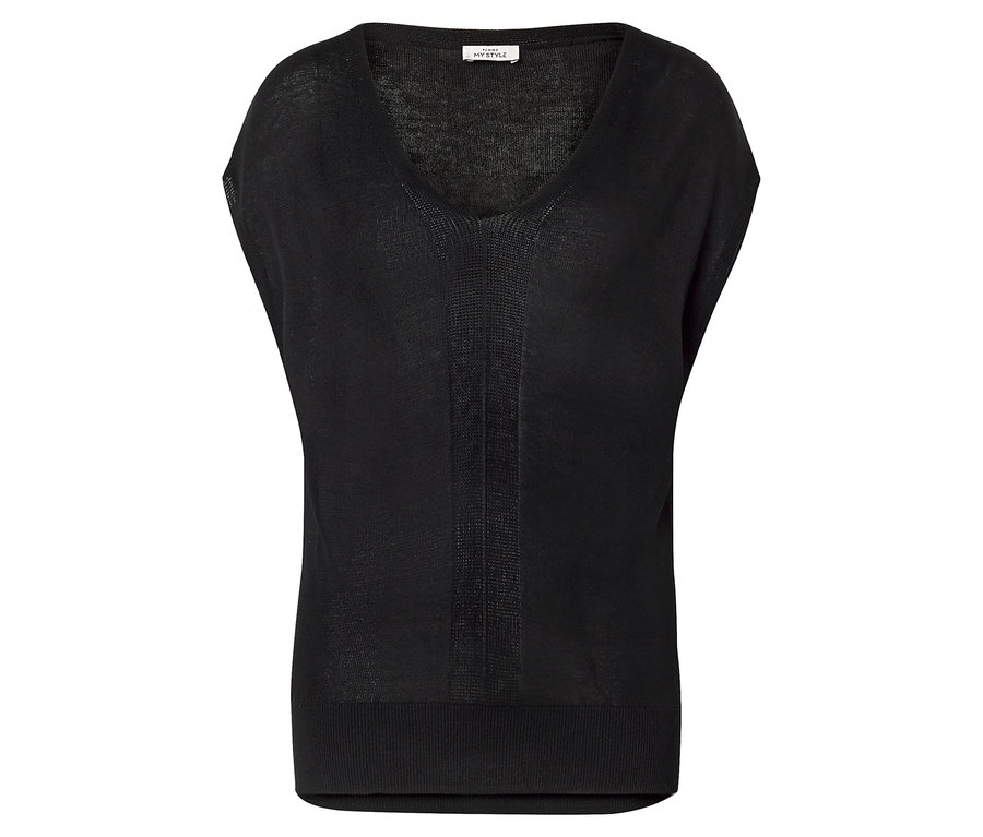 T-shirt léger en maille noir avec col en V, manches courtes et ourlet côtelé.