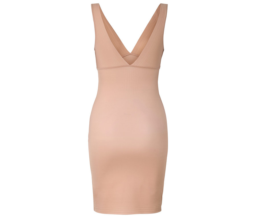 Vue arrière d'une robe moulante beige à col en V.