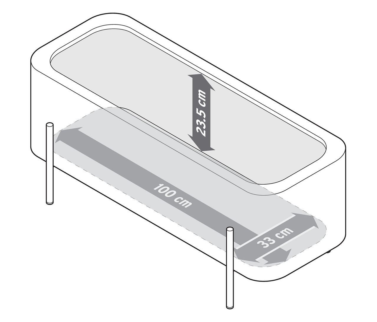 Image d'un banc avec coffre et les dimensions 23,5 cm, 100 cm et 33 cm.