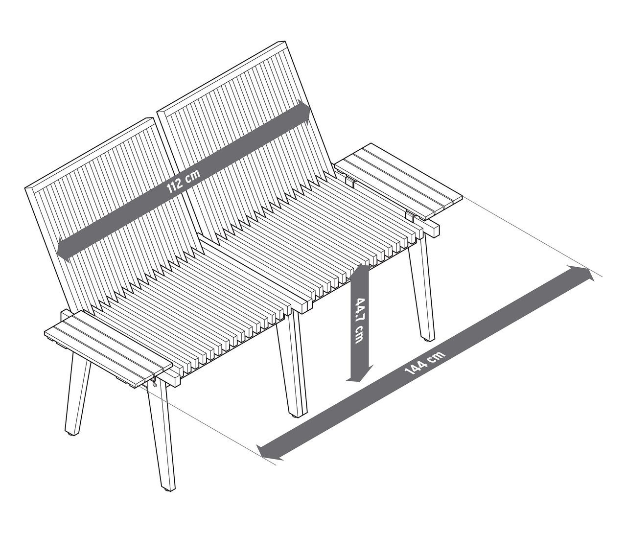 Schéma d'un banc de conversation flexible avec les dimensions de largeur et de hauteur.