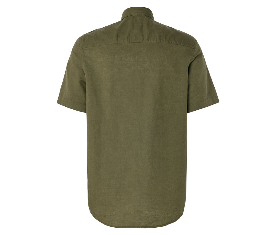 Vue arrière d'une chemise olive à manches courtes avec un col.