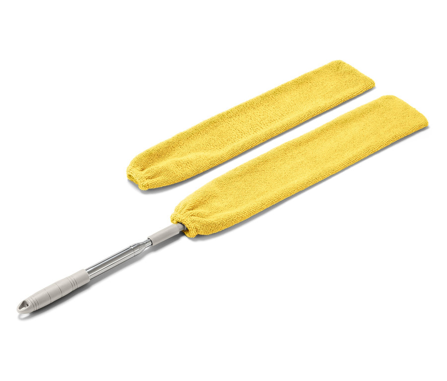 Plumeau jaune avec manche télescopique et une housse jaune supplémentaire.