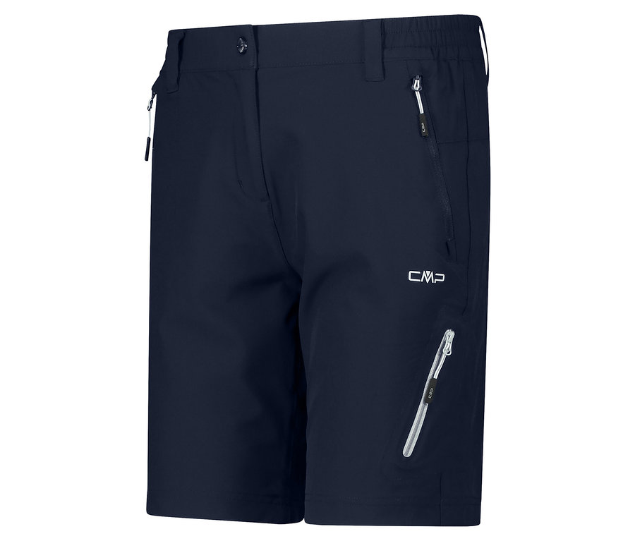 Gros plan sur le short CMP Damen-4-Wege-Stretch-Bermuda-Shorts bleu marine avec poches zippées.