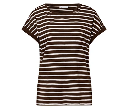 T-shirt Street One à rayures horizontales marron et blanches, avec un col rond et des manches courtes.