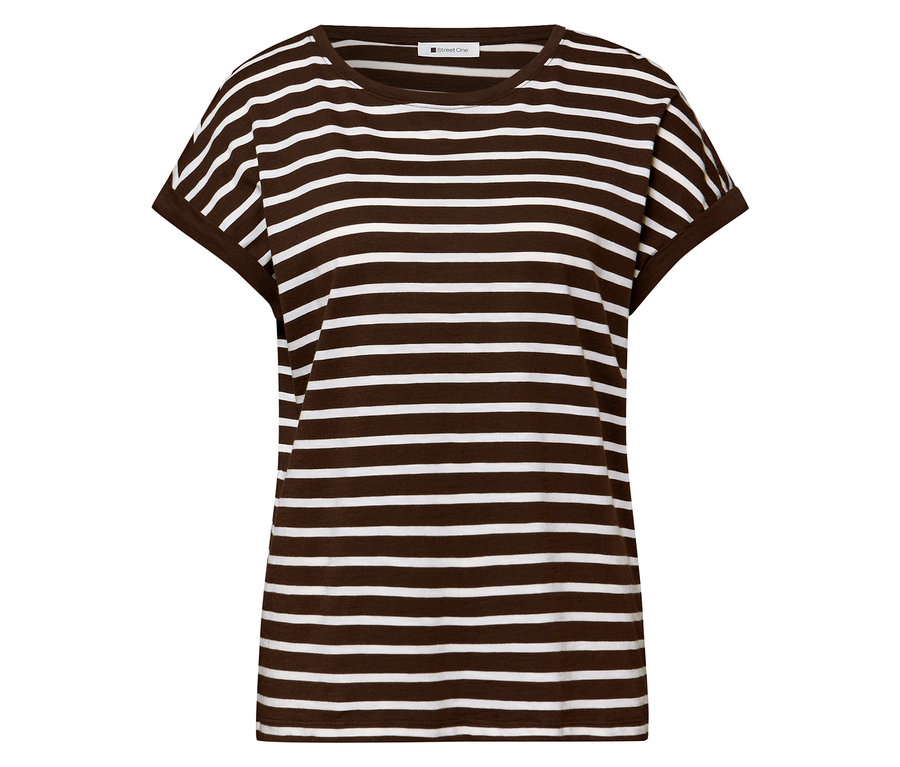 T-shirt Street One à rayures horizontales marron et blanches, avec un col rond et des manches courtes.