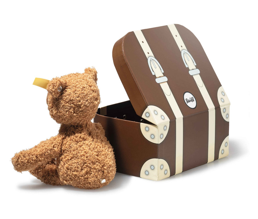Un ours en peluche est assis à côté d'une valise brune ouverte.