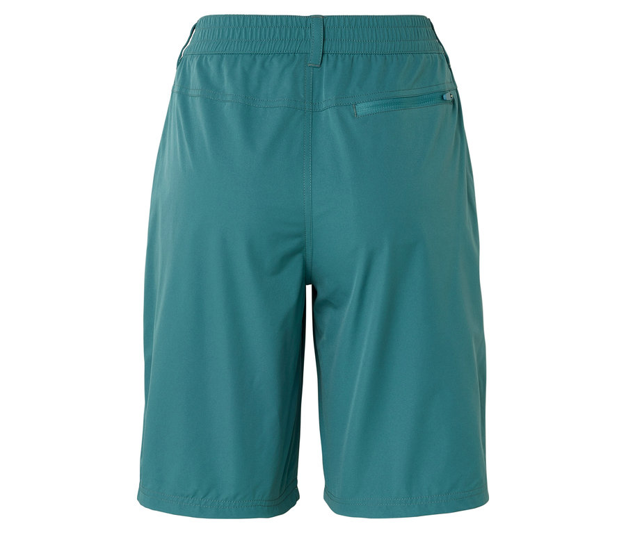 Vue arrière d'un short turquoise avec une taille élastique et une poche zippée.