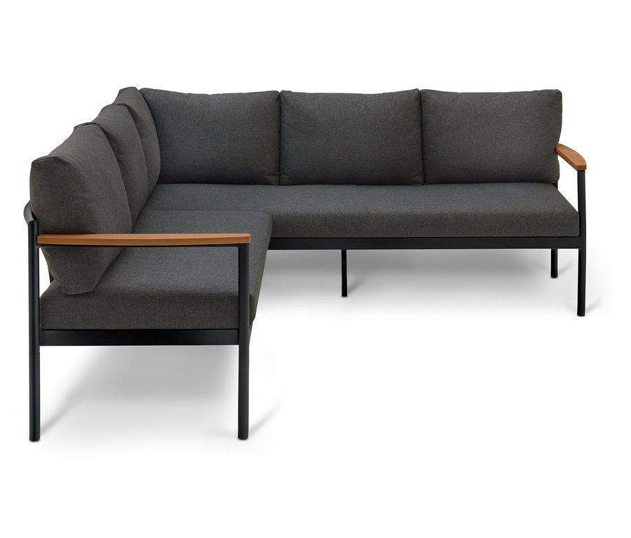 Canapé d'angle gris avec accoudoirs en bois et cadre noir.