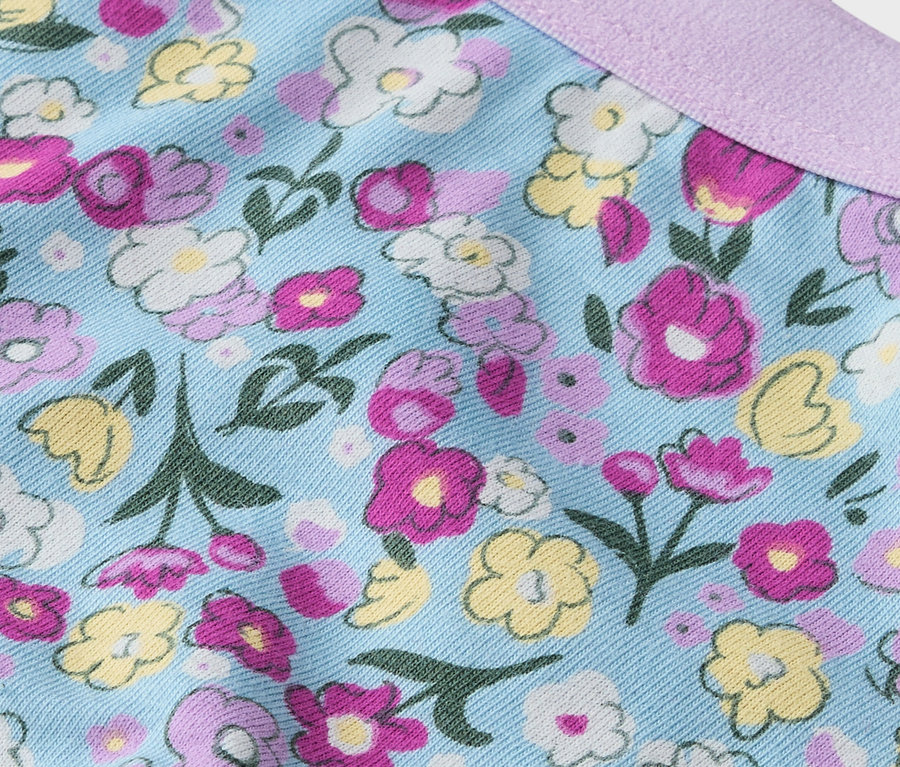 Gros plan d'un tissu à motifs floraux roses, jaunes et blancs sur fond bleu clair avec un ruban violet.